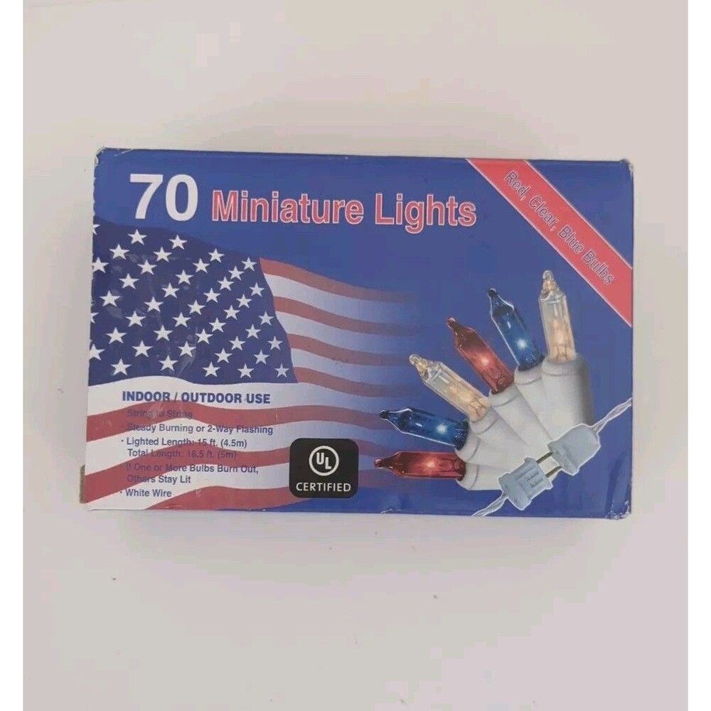 Patriotic Red, Clear & Blue Lights 70 miniature lights 16.5 feet Indoor/Outdoor